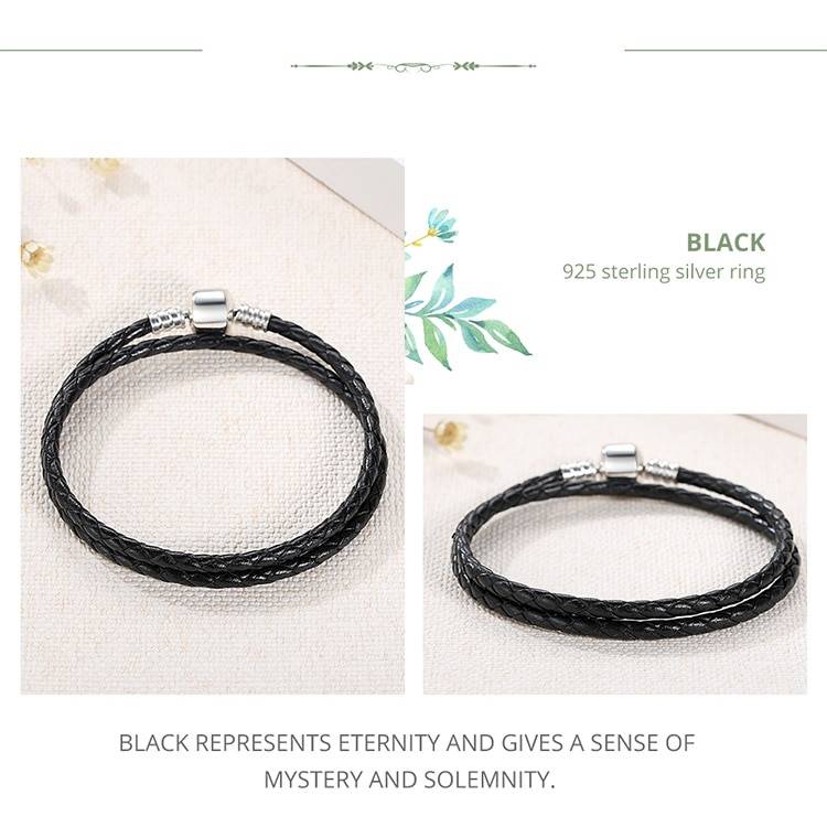 BAMOER véritable longue Double rose noir tressé en cuir chaîne femmes Bracelets avec 925 argent Sterling serpent fermoir PAS908
