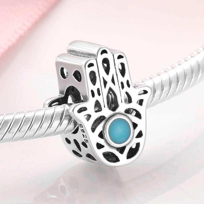 100% réel 925 argent bleu émail breloque Fatima main perles bijoux à bricoler soi-même ajustement Original Pandora bracelets à breloques mode 2019