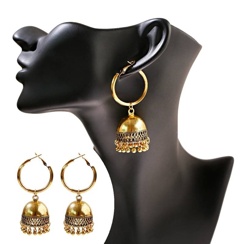 Boho ethnique indien boucle d'oreille Jhumka à la main or Vintage cage à oiseaux cloche gland pendaison boucles d'oreilles pour les femmes bijoux gitans