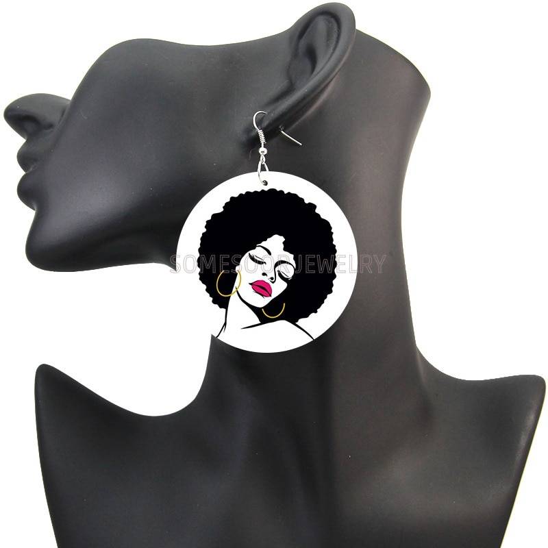 SOMESOOR Afro mélanine fille magique imprimé boucles d'oreilles en bois naturel africain cheveux cerceaux conception bijoux pour les femmes noires cadeaux