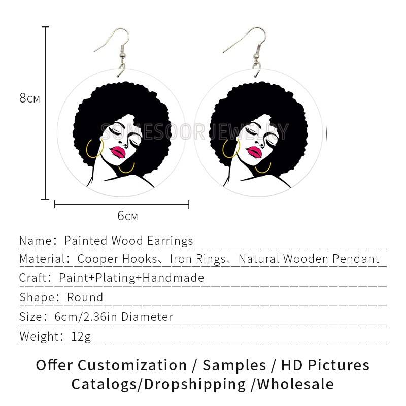 SOMESOOR Afro mélanine fille magique imprimé boucles d'oreilles en bois naturel africain cheveux cerceaux conception bijoux pour les femmes noires cadeaux